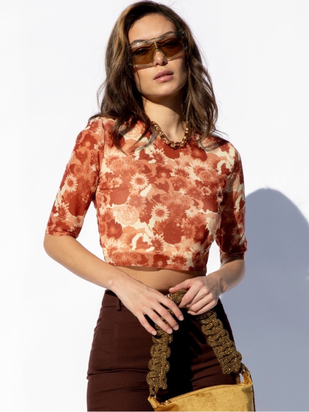 Ganni retro floral mesh crop top shirt orange brown rust stretch boho sz 34 US 2 - Picture 6 of 13
